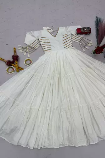 Navratri special white pure cotton anarkali gown with gold lace work