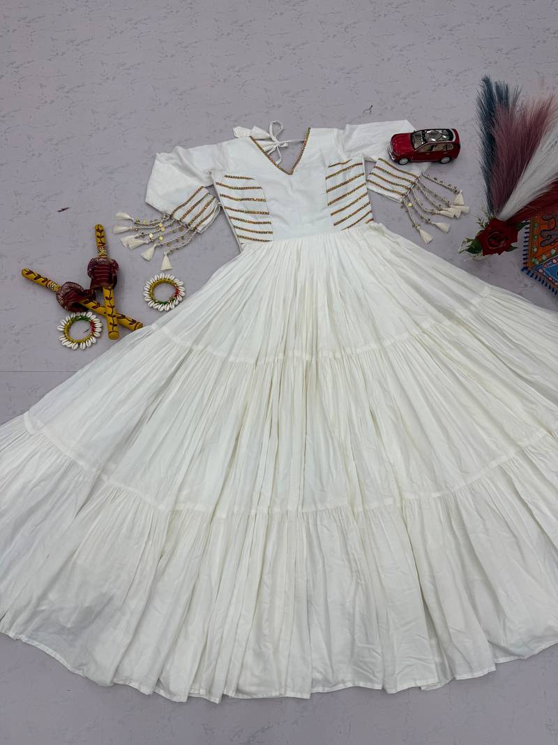 Navratri special white pure cotton anarkali gown with gold lace work
