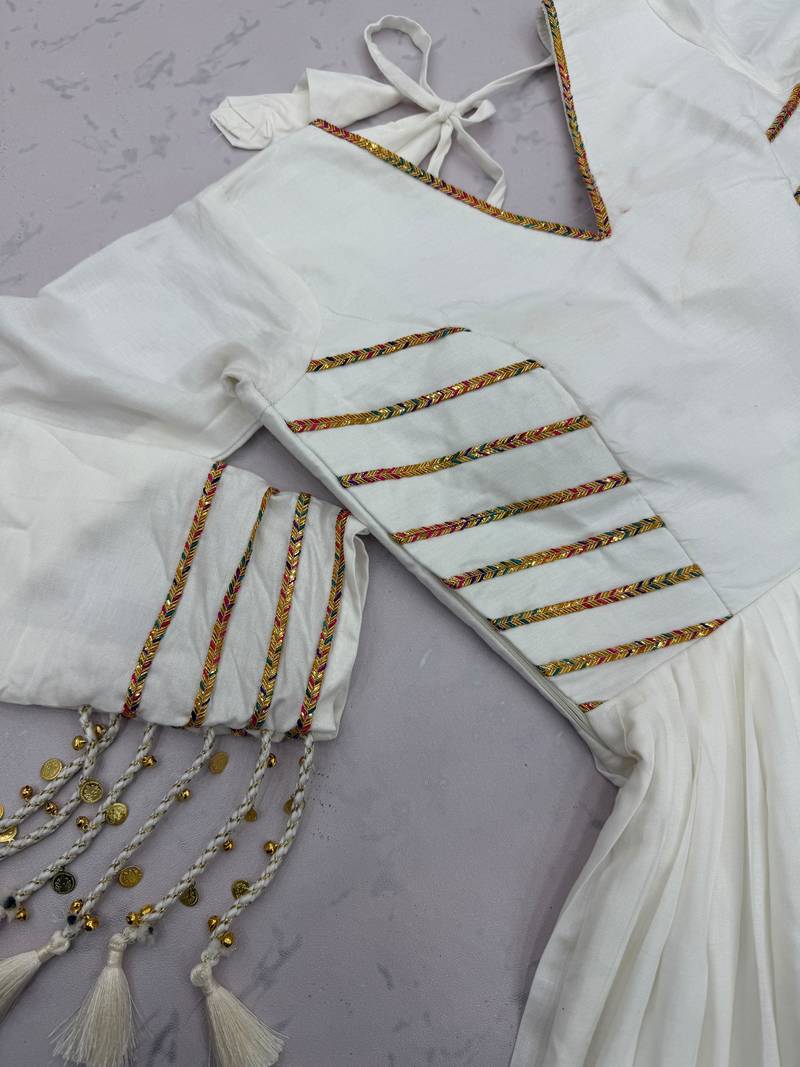 Navratri special white pure cotton anarkali gown with gold lace work