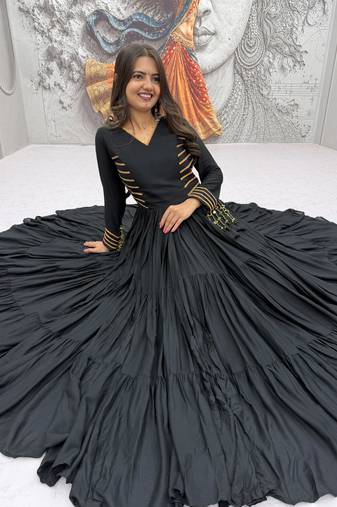 Navratri special black pure cotton anarkali gown with gold lace work