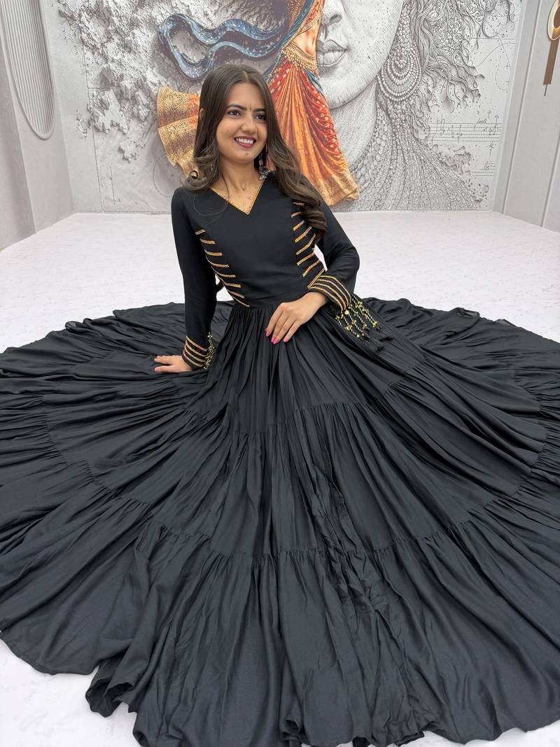 Navratri special black pure cotton anarkali gown with gold lace work