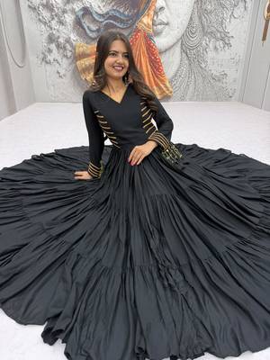Navratri special black pure cotton anarkali gown with gold lace work 1