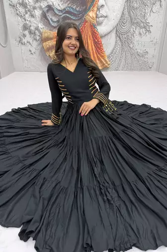 Navratri special black pure cotton anarkali gown with gold lace work