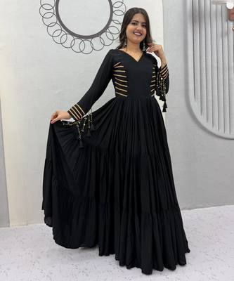 Navratri special black pure cotton anarkali gown with gold lace work 2