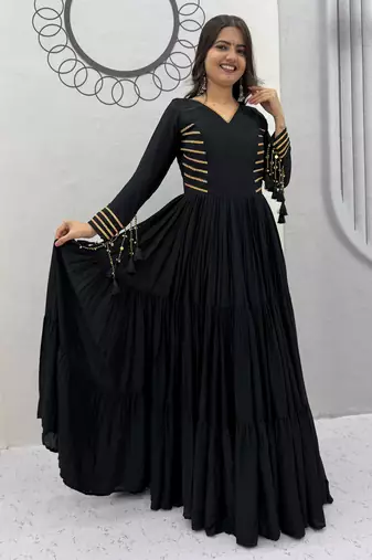 Navratri special black pure cotton anarkali gown with gold lace work