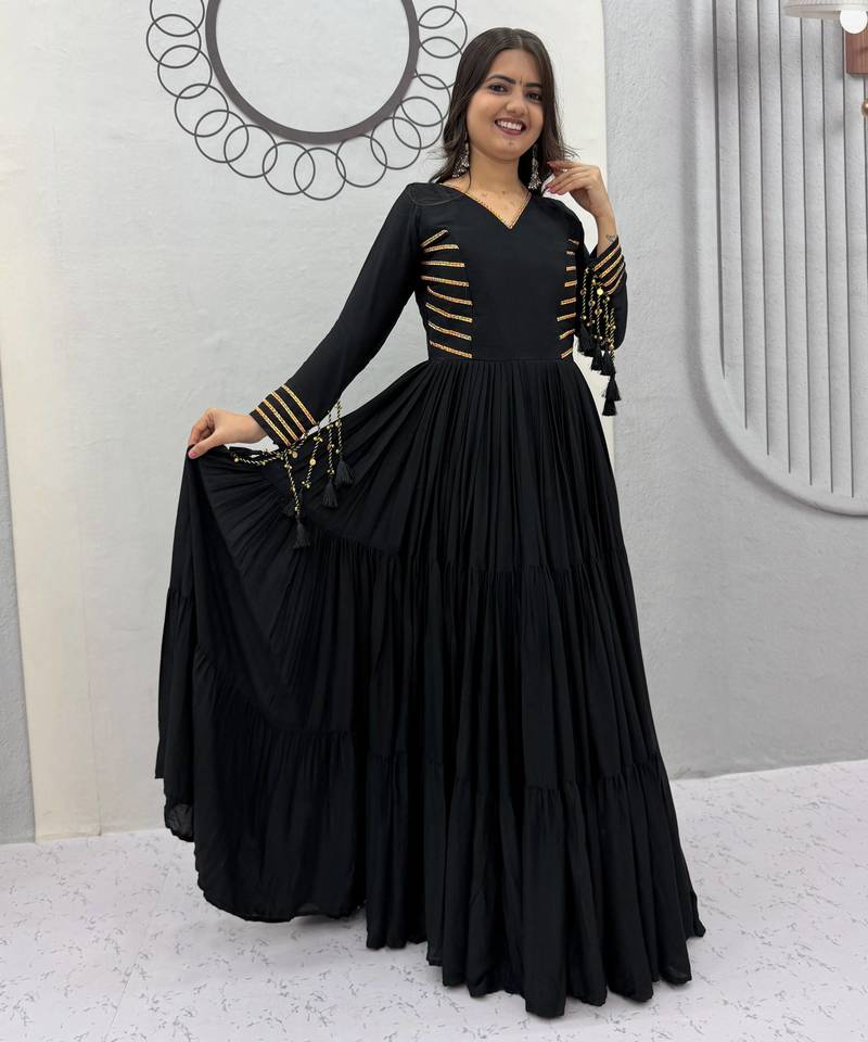 Navratri special black pure cotton anarkali gown with gold lace work