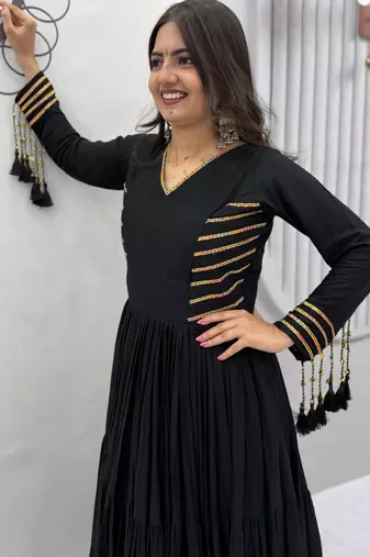 Navratri special black pure cotton anarkali gown with gold lace work