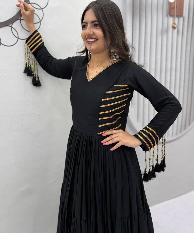 Navratri special black pure cotton anarkali gown with gold lace work