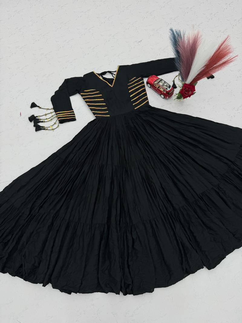 Navratri special black pure cotton anarkali gown with gold lace work