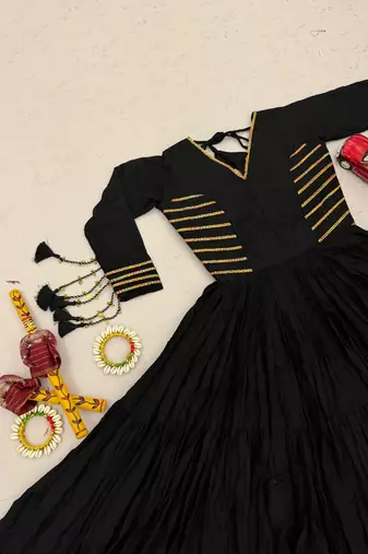 Navratri special black pure cotton anarkali gown with gold lace work