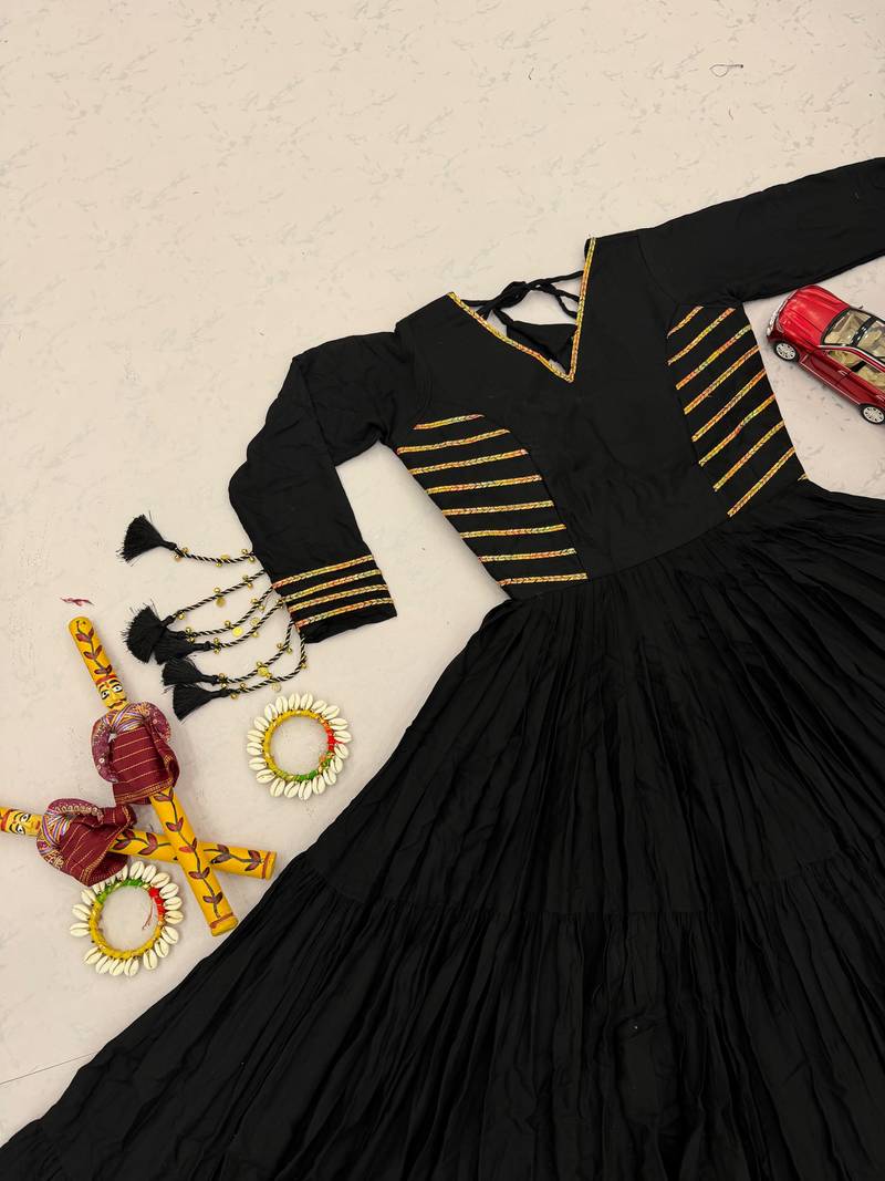 Navratri special black pure cotton anarkali gown with gold lace work