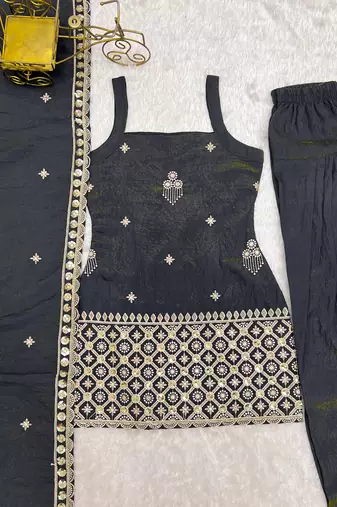Grey vichitra silk embroidered kurta with farshi shalwar & dupatta set