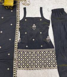 Grey vichitra silk embroidered kurta with farshi shalwar & dupatta set