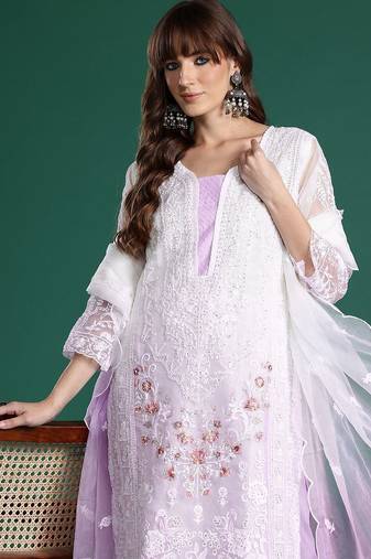 Floral Embroidered Sequinned Kurta with Trousers & Dupatta