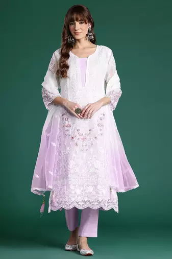 Floral Embroidered Sequinned Kurta with Trousers & Dupatta