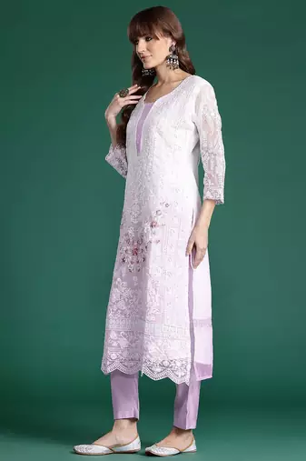 Floral Embroidered Sequinned Kurta with Trousers & Dupatta
