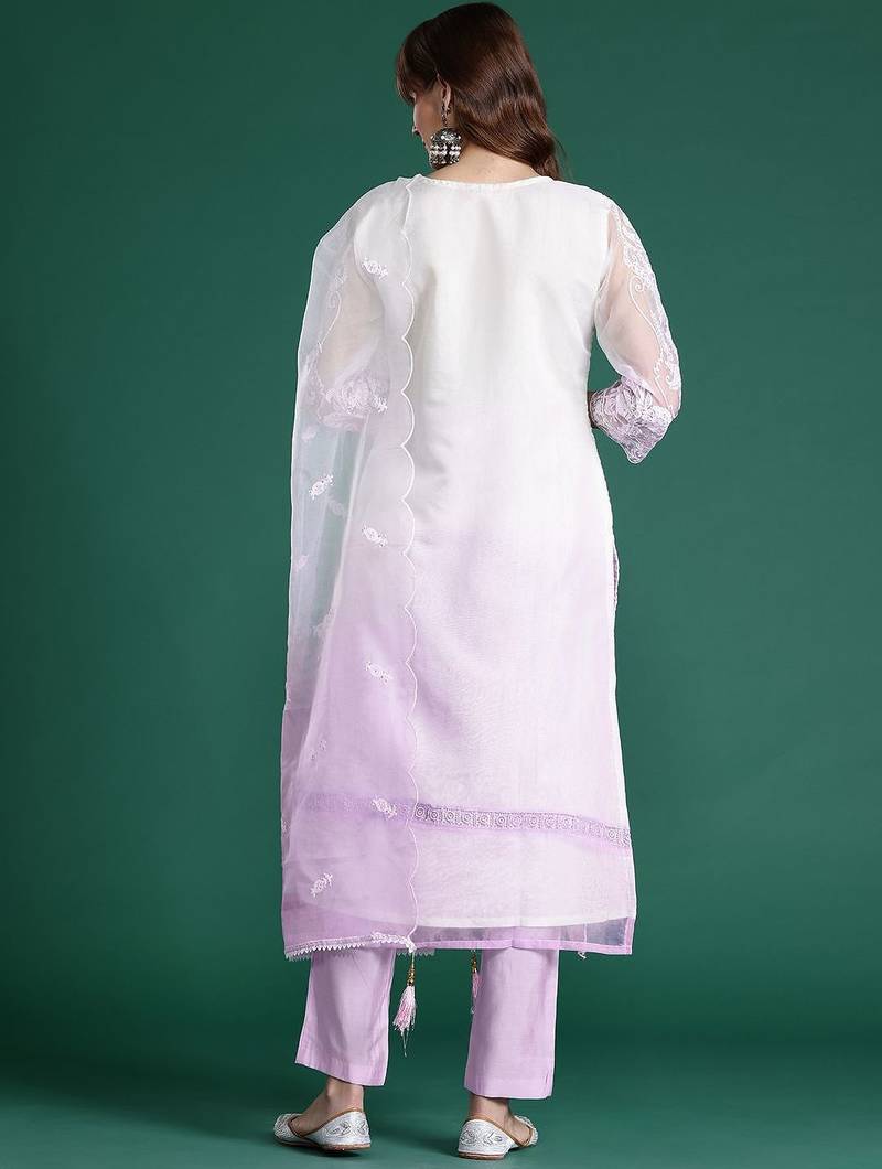 Floral Embroidered Sequinned Kurta with Trousers & Dupatta