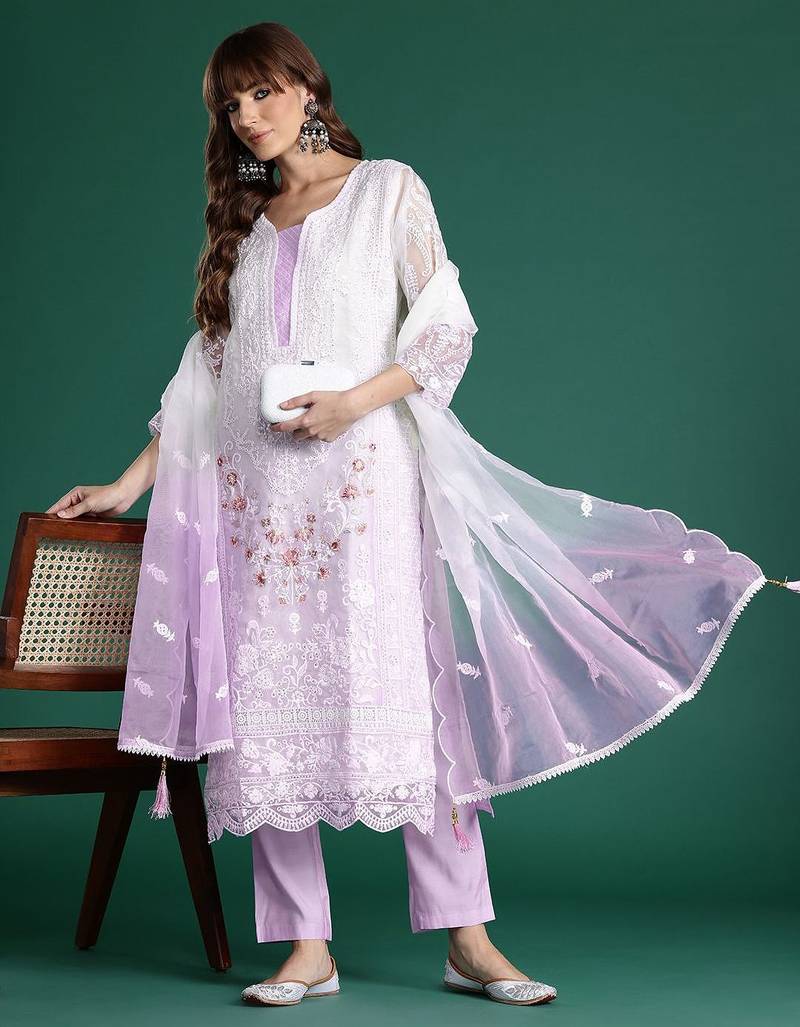 Floral Embroidered Sequinned Kurta with Trousers & Dupatta