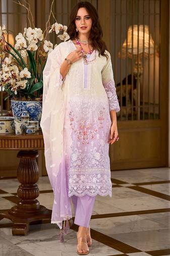 Floral Embroidered Sequinned Straight Organza Kurta With Trousers And Dupatta