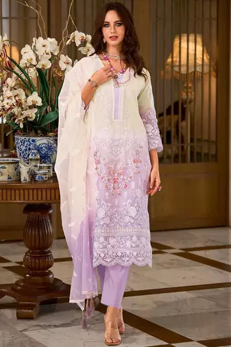 Floral Embroidered Sequinned Straight Organza Kurta With Trousers And Dupatta