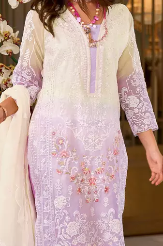 Floral Embroidered Sequinned Straight Organza Kurta With Trousers And Dupatta