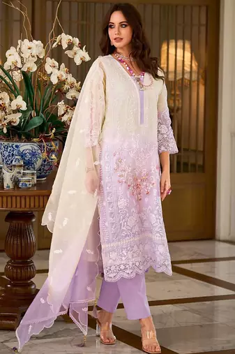 Floral Embroidered Sequinned Straight Organza Kurta With Trousers And Dupatta