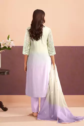 Floral Embroidered Sequinned Straight Organza Kurta With Trousers And Dupatta