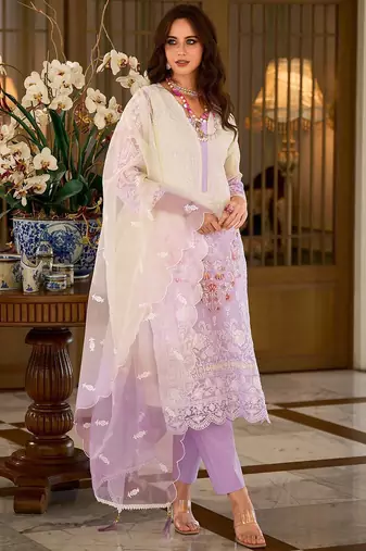 Floral Embroidered Sequinned Straight Organza Kurta With Trousers And Dupatta