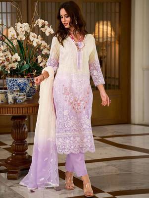Floral Embroidered Sequinned Straight Organza Kurta With Trousers And Dupatta 6