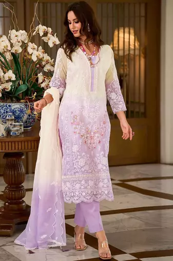 Floral Embroidered Sequinned Straight Organza Kurta With Trousers And Dupatta