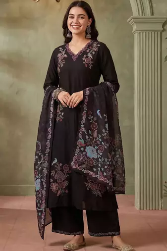 Women Floral Embroidered Regular Thread Work Kurta with Palazzos & With Dupatta