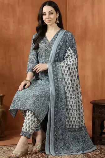 Women Ethnic Motifs Printed Regular Thread Work Pure Cotton Kurta with Trousers & With Dupatta