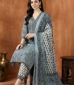 Women Ethnic Motifs Printed Regular Thread Work Pure Cotton Kurta with Trousers & With Dupatta