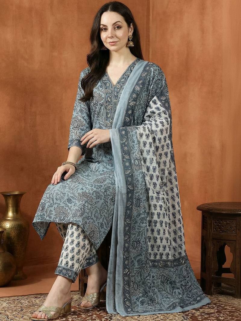 Women Ethnic Motifs Printed Regular Thread Work Pure Cotton Kurta with Trousers & With Dupatta