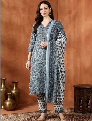 Women Ethnic Motifs Printed Regular Thread Work Pure Cotton Kurta with Trousers & With Dupatta 3