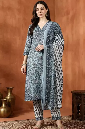 Women Ethnic Motifs Printed Regular Thread Work Pure Cotton Kurta with Trousers & With Dupatta