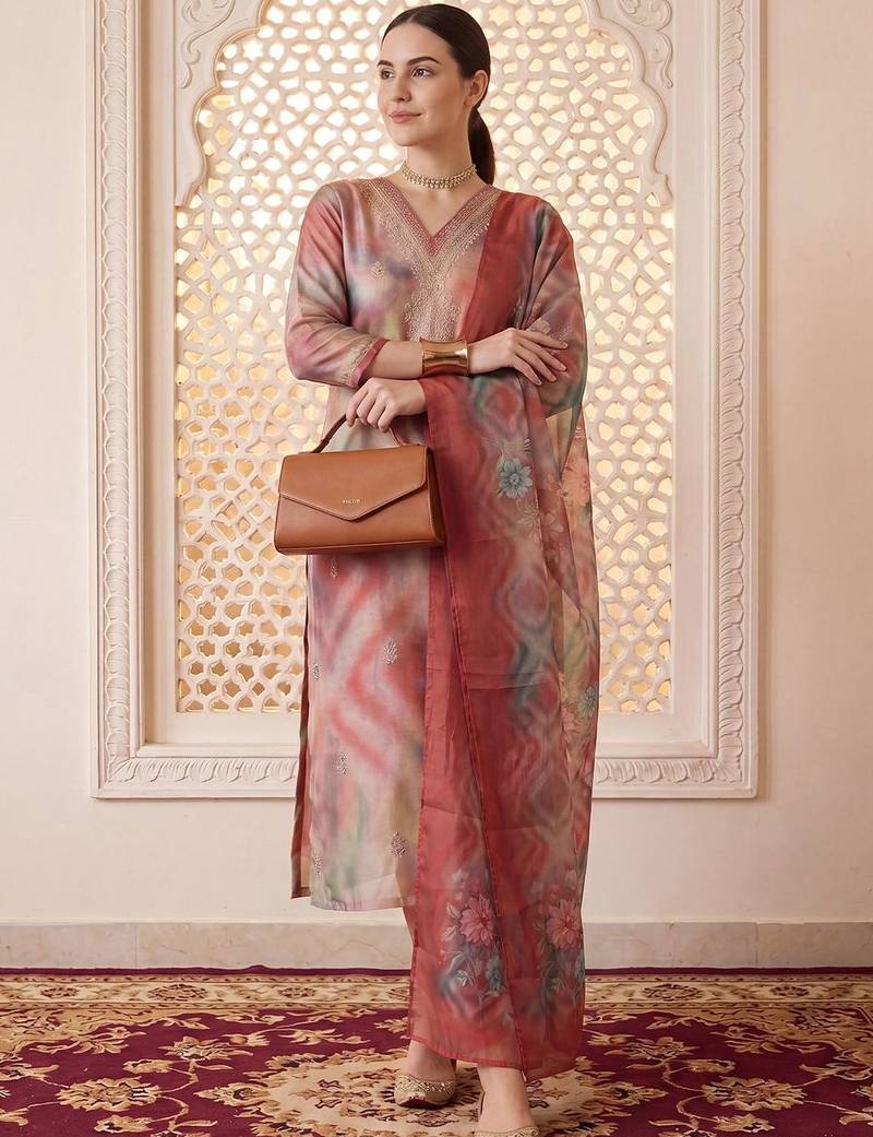 Women Women Dyed Regular Thread Work Kurta with Trousers & With Dupatta