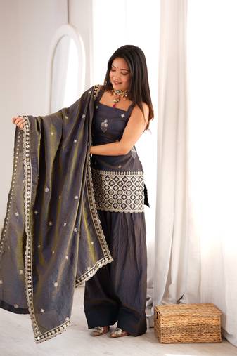 Grey vichitra silk embroidered kurta with farshi shalwar & dupatta set