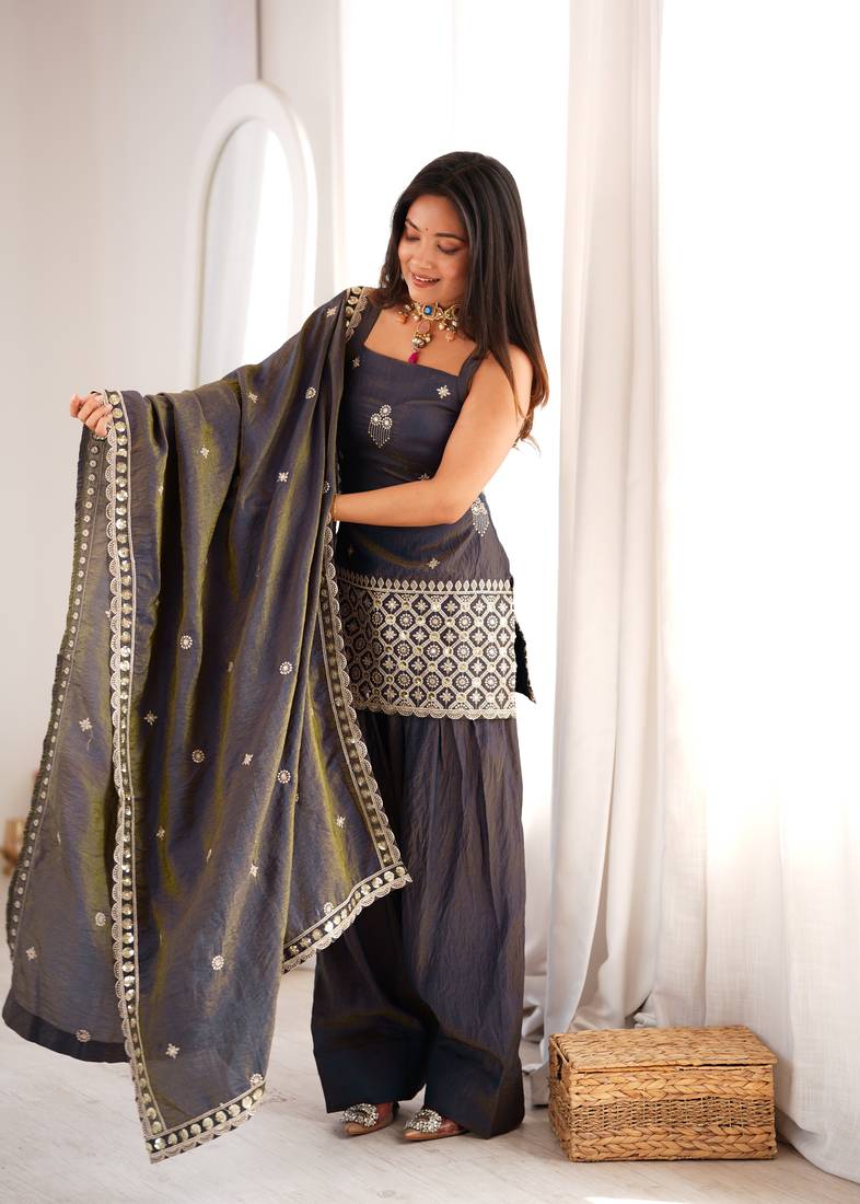 Grey vichitra silk embroidered kurta with farshi shalwar & dupatta set
