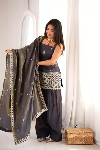 Grey vichitra silk embroidered kurta with farshi shalwar & dupatta set