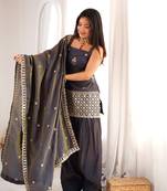 Grey vichitra silk embroidered kurta with farshi shalwar & dupatta set