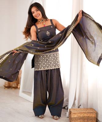 Grey vichitra silk embroidered kurta with farshi shalwar & dupatta set 1