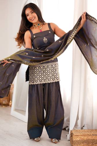 Grey vichitra silk embroidered kurta with farshi shalwar & dupatta set