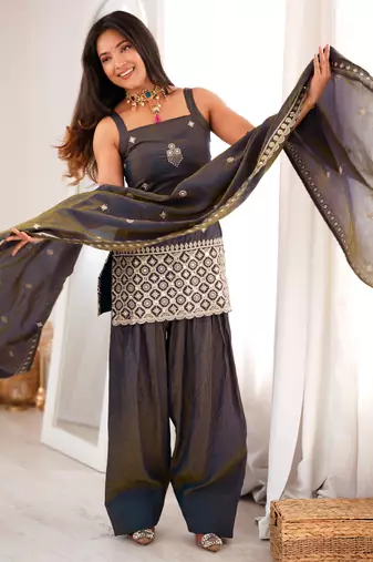 Grey vichitra silk embroidered kurta with farshi shalwar & dupatta set