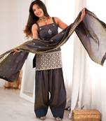 Grey vichitra silk embroidered kurta with farshi shalwar & dupatta set
