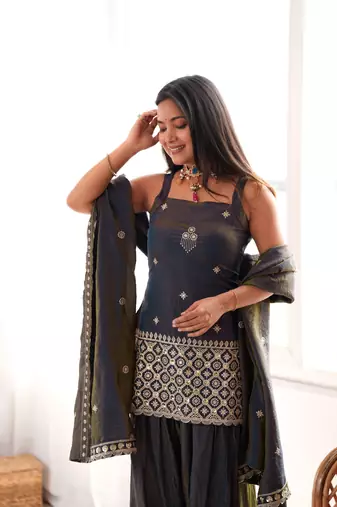 Grey vichitra silk embroidered kurta with farshi shalwar & dupatta set