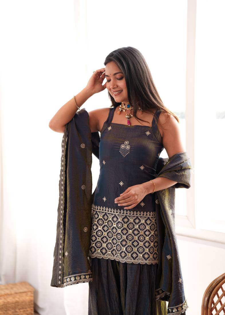 Grey vichitra silk embroidered kurta with farshi shalwar & dupatta set