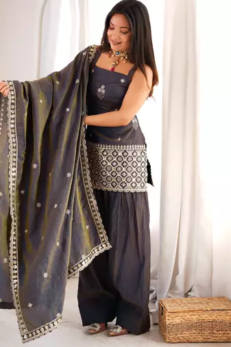 Grey vichitra silk embroidered kurta with farshi shalwar & dupatta set