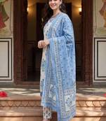 Women Floral Printed Regular Pure Cotton Kurta with Trousers & With Dupatta