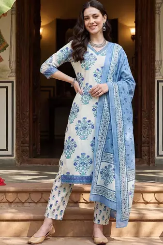 Women Floral Printed Regular Pure Cotton Kurta with Trousers & With Dupatta